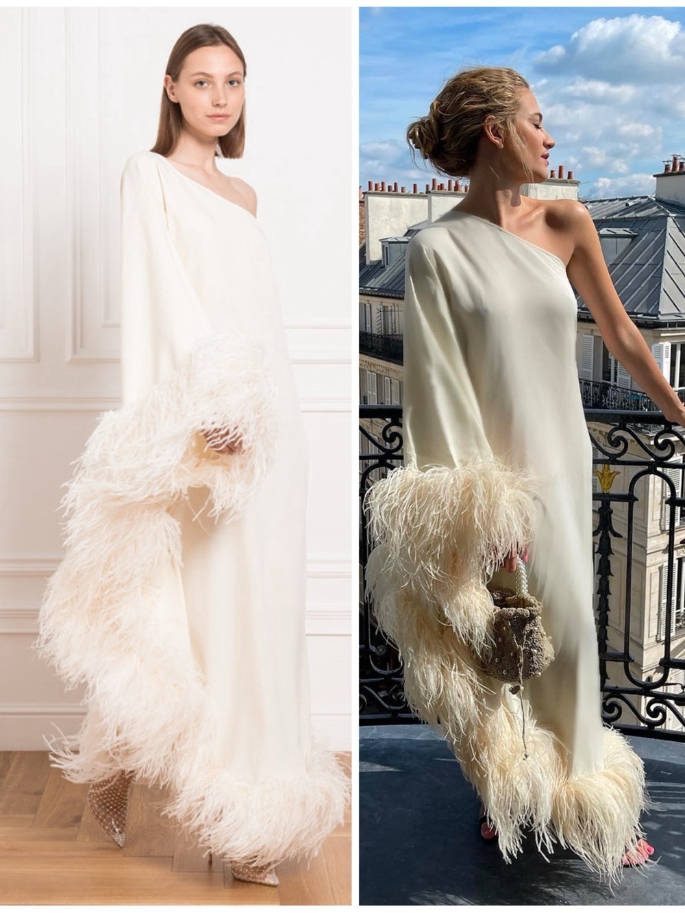NWT Taller Marmo Feathered Ubud Long Dress In Ivory One-Shoulder Size Women’s 40